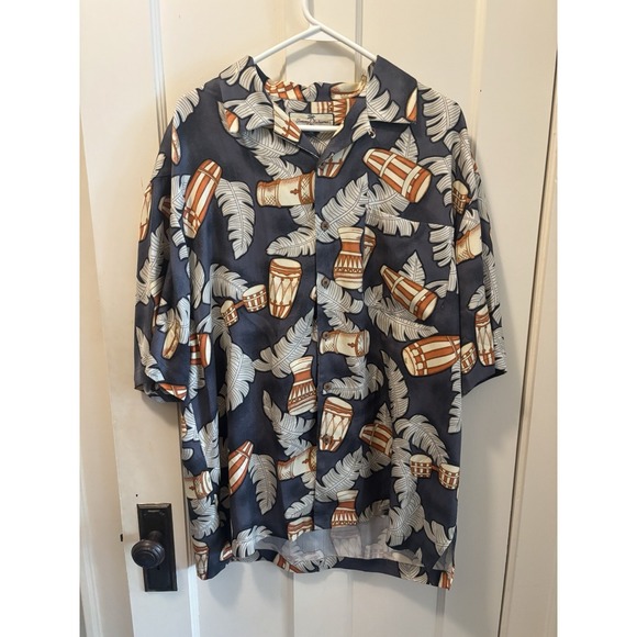 Tommy Bahama Other - Tommy Bahama Mens Silk Camp Shirt Bongo Drum‎ Palm Leaf Tropical Gray Orange XL